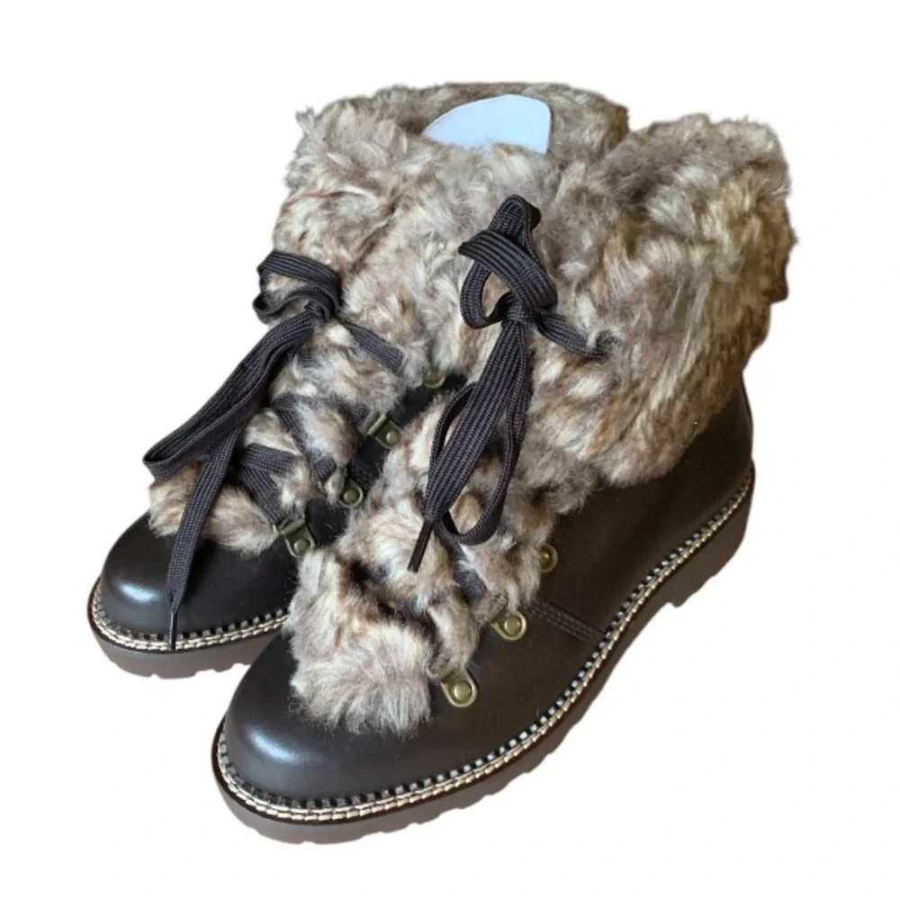 LANDSEND Women’s Leather Faux Fur Cuff Booties, Side Zip, **Minor Cosmetic Flaws
